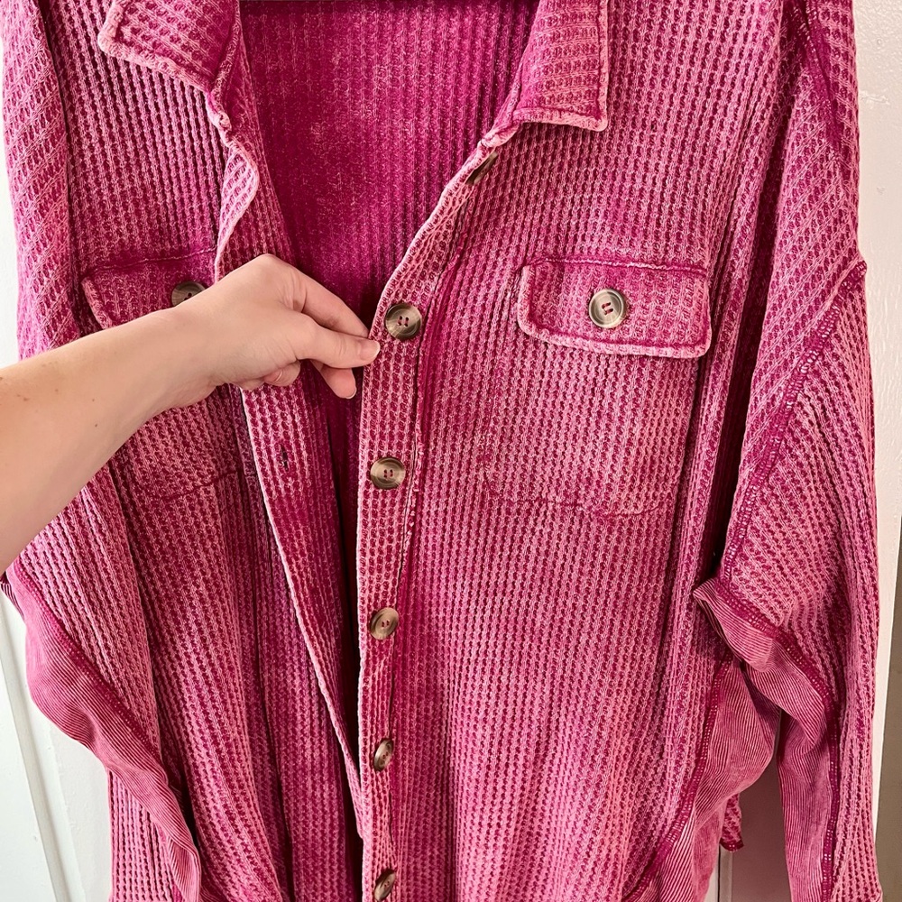 Zenana Outfitters Waffle Knit Shacket in Fuchsia Pink